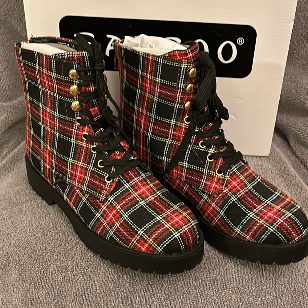 NIB Red Plaid Combat Boots